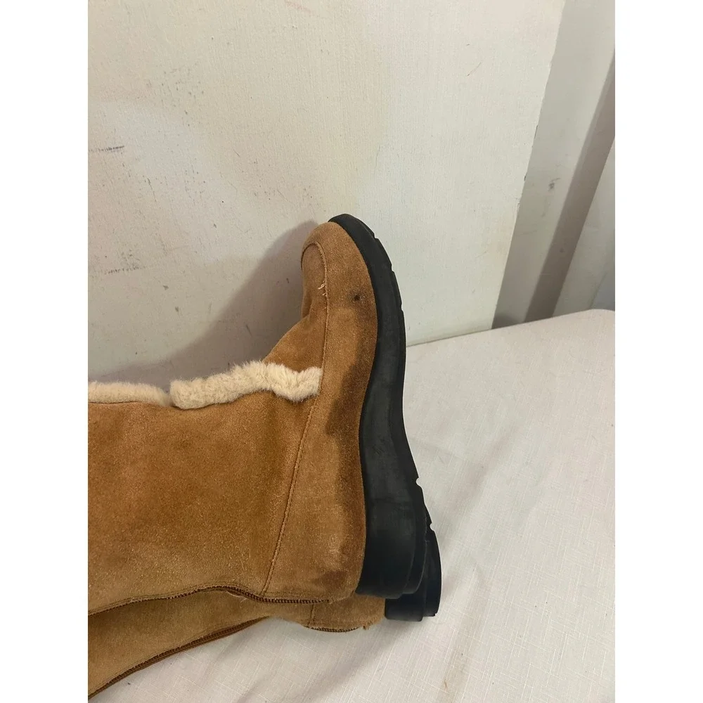 Unbranded Suede Faux Fur Trim Mid Calf Boots 9 Tan Winter Shoes Women